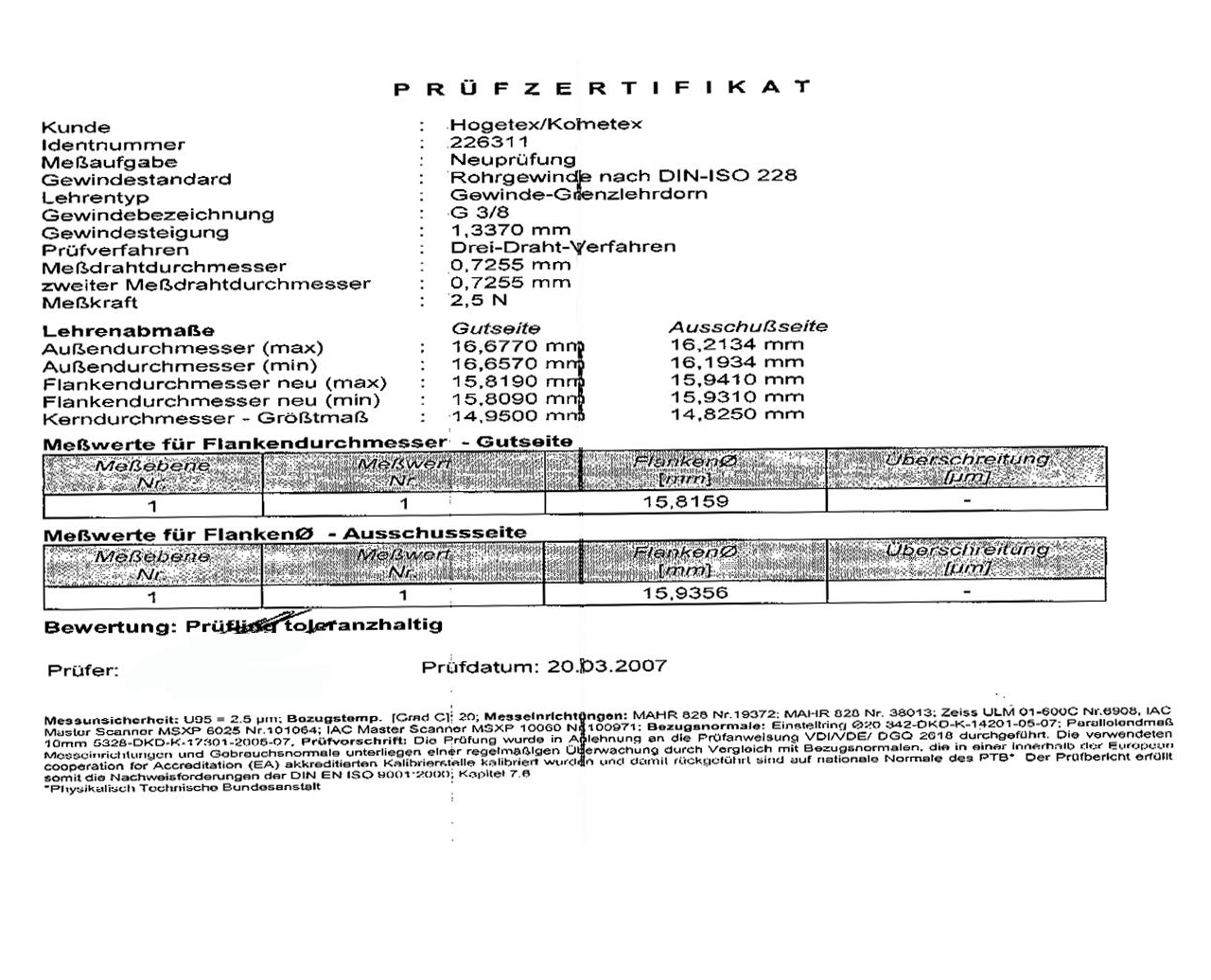 Fabrieks certificaat